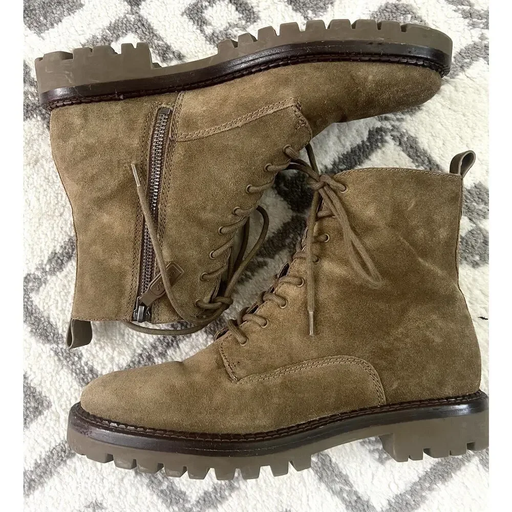 VINCE Cabria Moss Green Suede Lace-Up Lug Ankle Boots Shoes - Picture 6 of 12